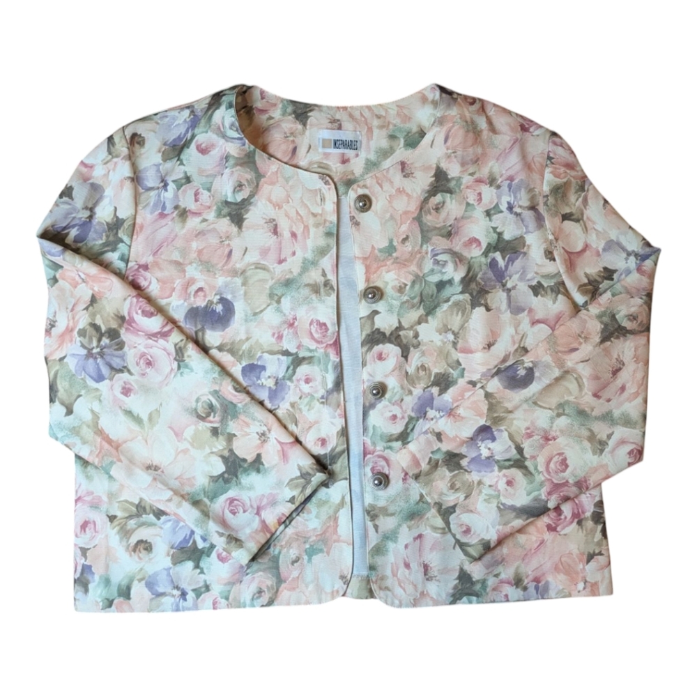Vintage Inseparables Floral Pink Purple Green Button Down Woven Blazer Size 18
